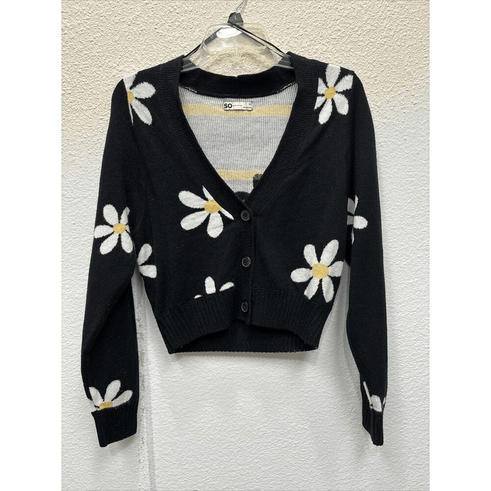 SO Good For Life Sunflower Juniors Black Cardigan XS Long Sleeve Floral Buttons